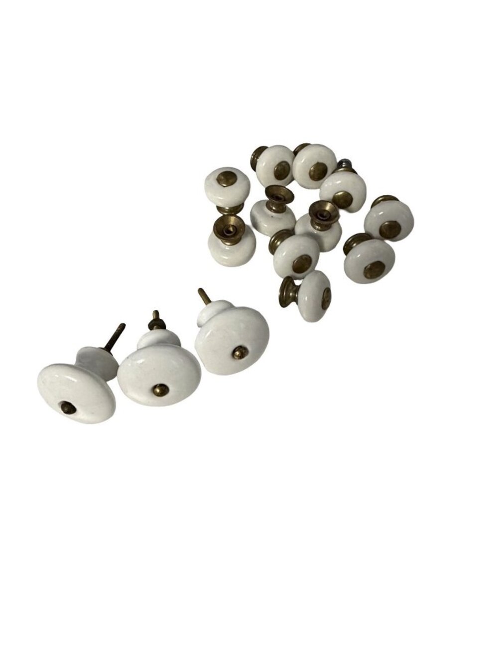 Vintage 1960s Towne White Ceramic Porcelain Brass Cabinet Knobs Drawer Pulls Lot